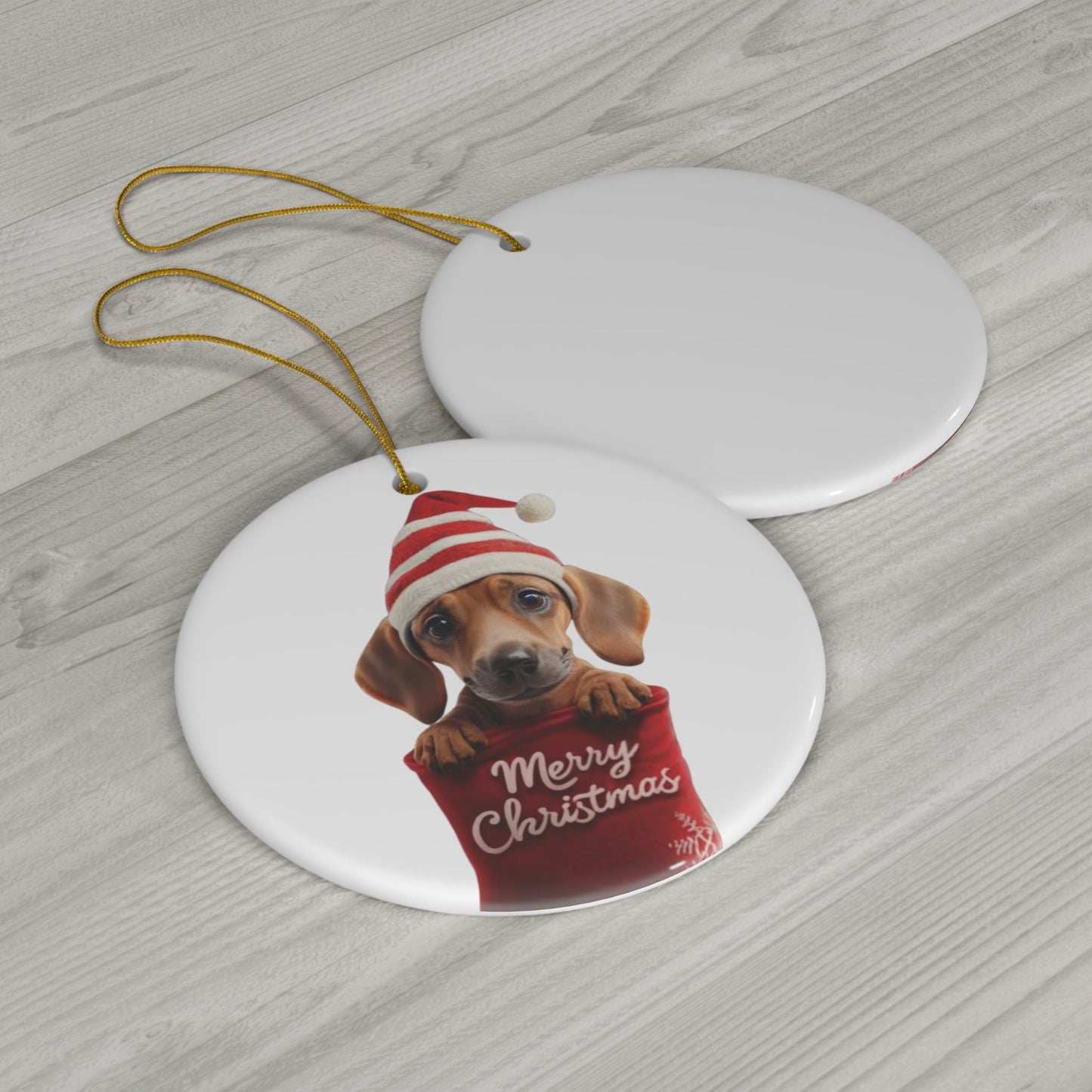 Dachshund Puppy in Stocking with Santa Hat | Ceramic Ornament, Circle (white background)