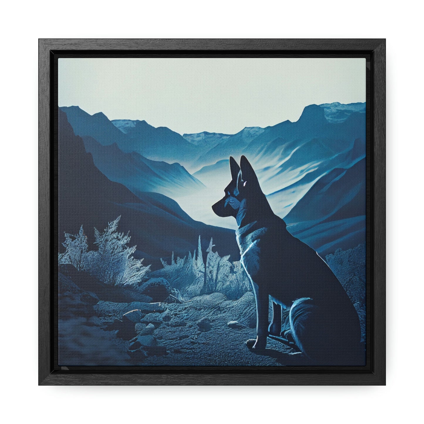 German Shepherd Blue Landscape Framed Canvas