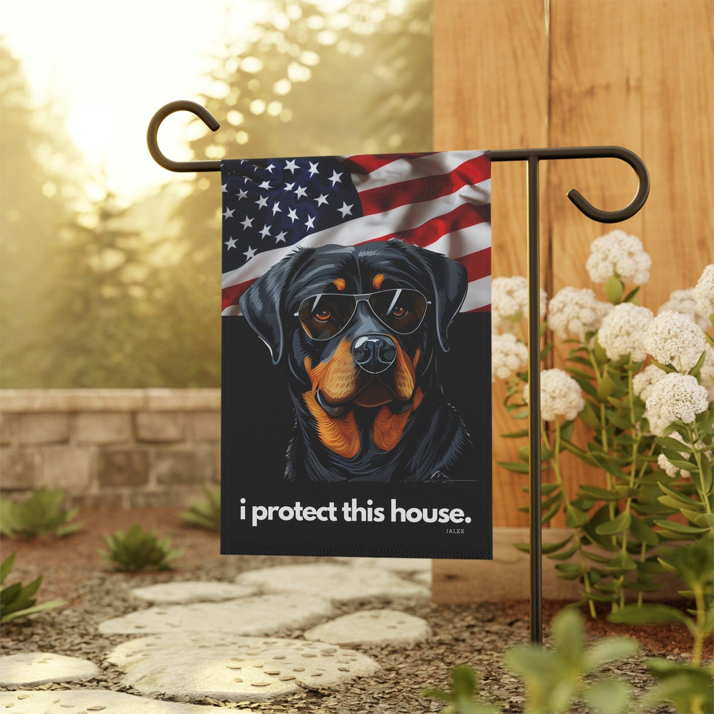 Rottweiler Flag, Garden Flag, I Protect This House, Patriotic, USA, United States, American, House Flag, Banner, Printed Both Sides