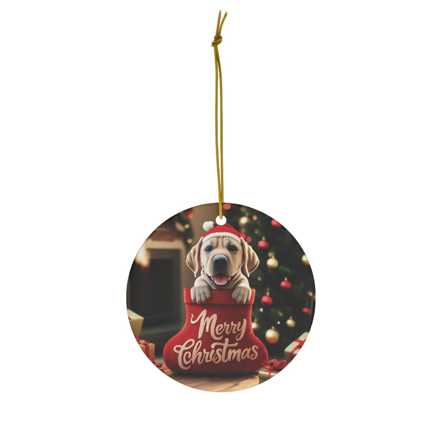 Labrador Retriever Puppy in Stocking with Santa Hat | Ceramic Ornament, Circle