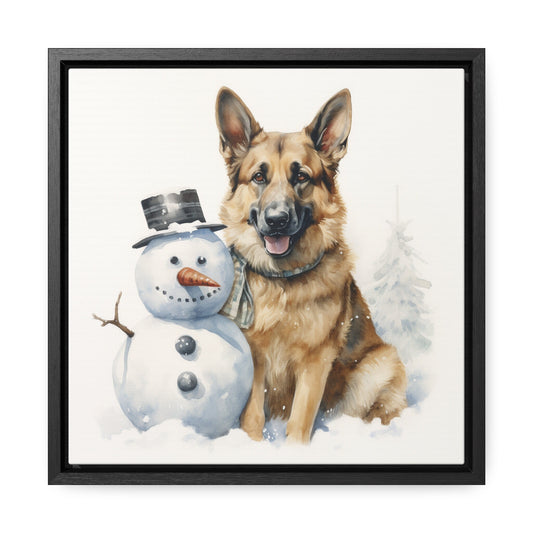 German Shepherd with Snowman Watercolor | Framed Canvas