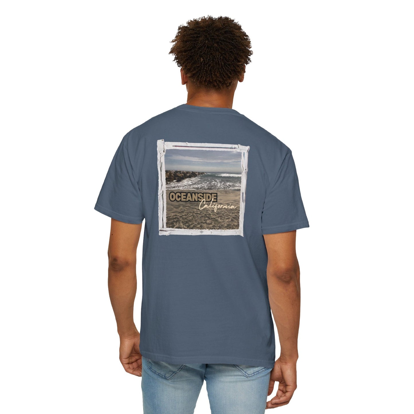 Oceanside CA Beach Ocean Waves Actual Photo on Back Longitude Latitude Coordinates on Front | Comfort Colors | Unisex Garment-Dyed T-shirt