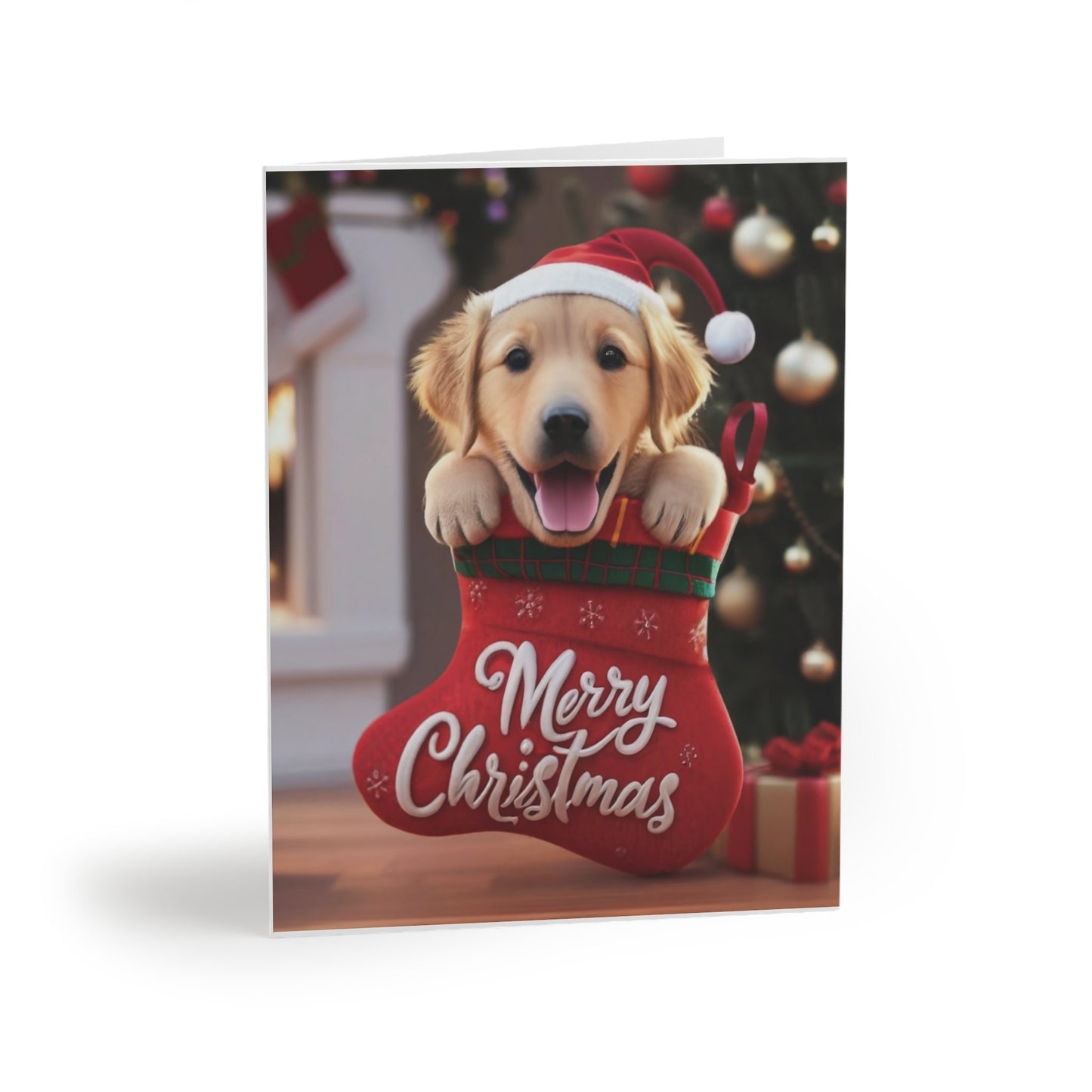 Golden Retriever Cute Puppy in Stocking "Merry Christmas" | Greeting cards (8, 16, and 24 pcs)