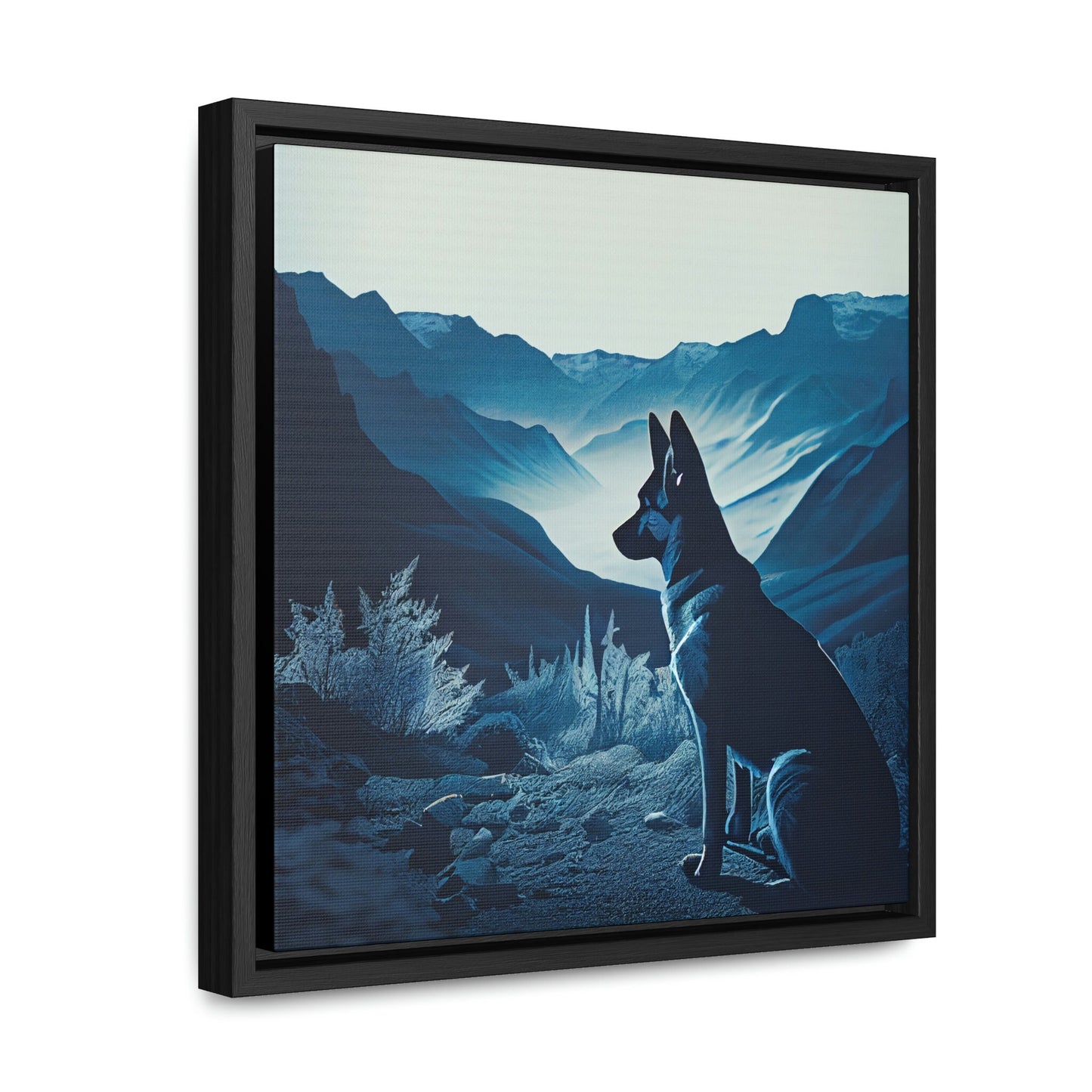 German Shepherd Blue Landscape Framed Canvas