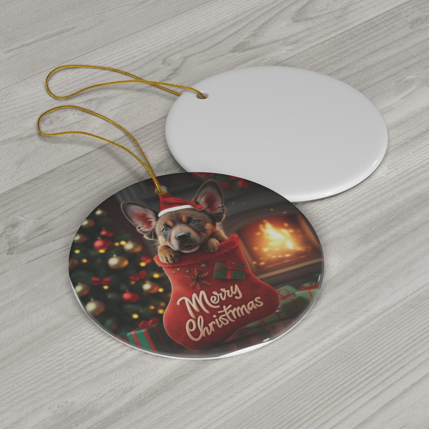 German Shepherd Puppy in Stocking with Santa Hat | Ceramic Ornament, Circle