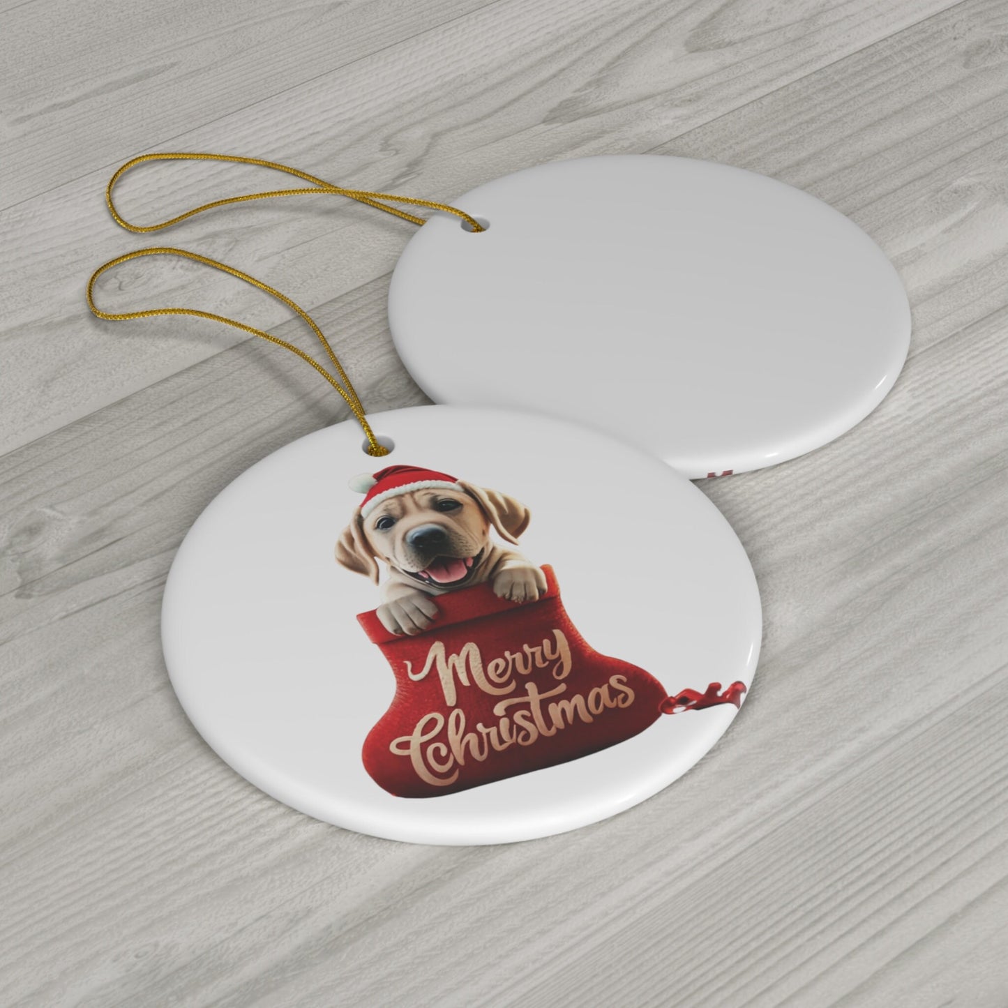 Labrador Retriever Puppy in Stocking with Santa Hat | Ceramic Ornament, Circle (white background)