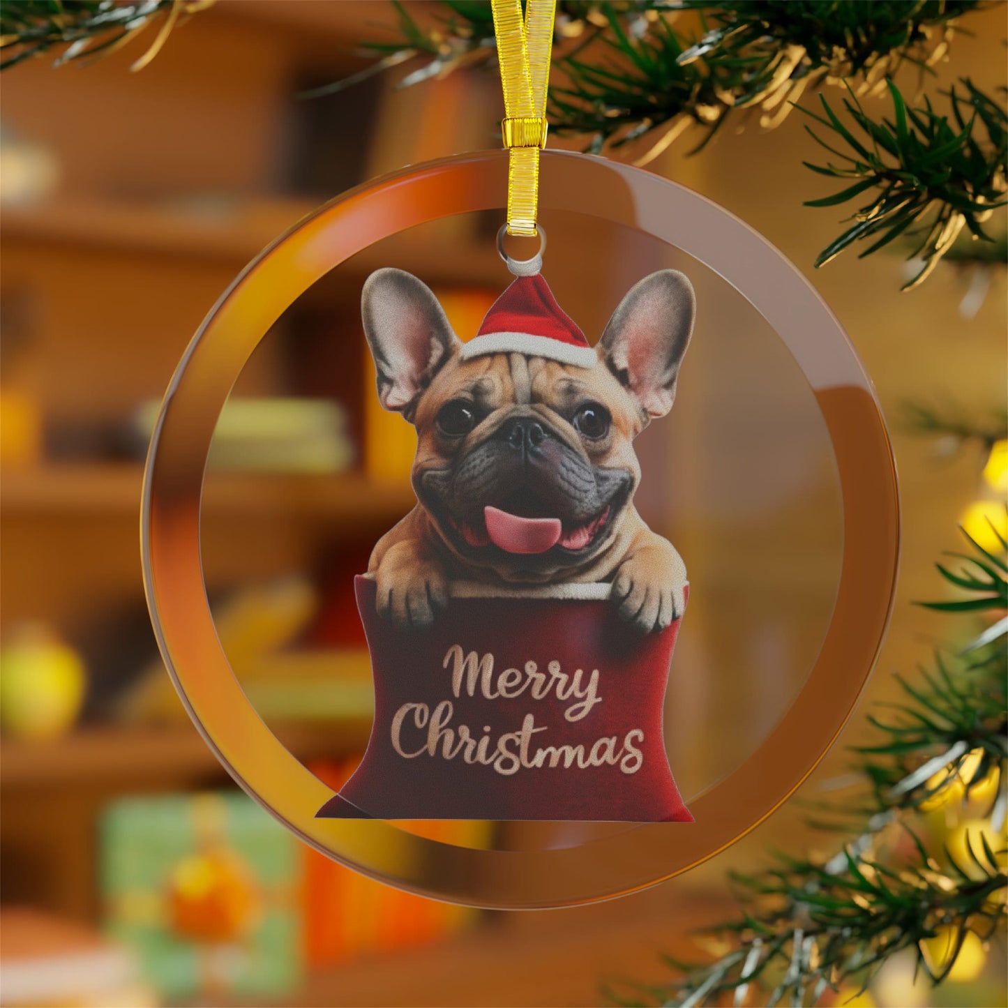 French Bulldog Cute Puppy in Stocking "Merry Christmas" | Dog Gifts for Owners | Glass Ornament