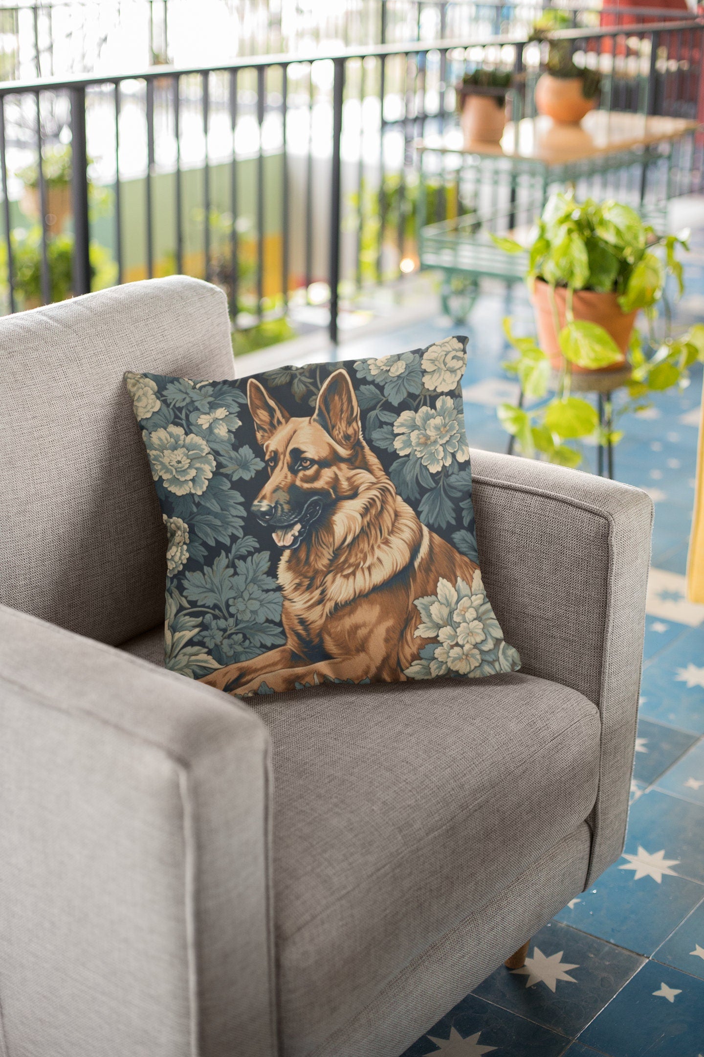 German Shepherd William Morris Style Gift Dog Lover Spun Polyester Square Pillow