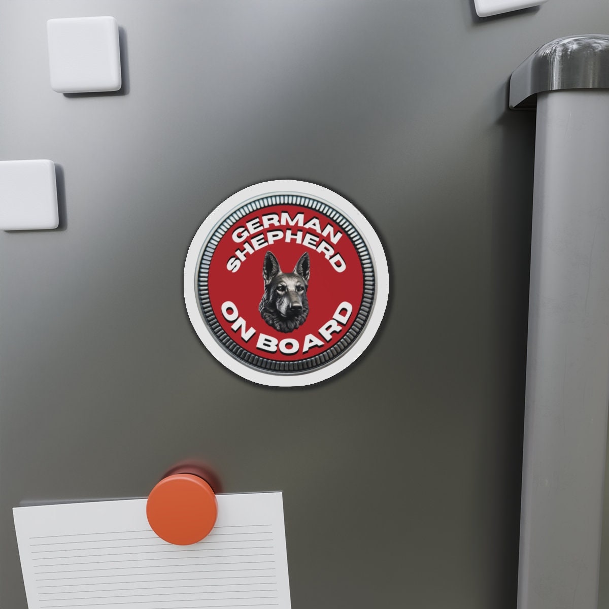 German Shepherd "ON BOARD" | Red | Metal Looking Badge | Die-Cut Magnet