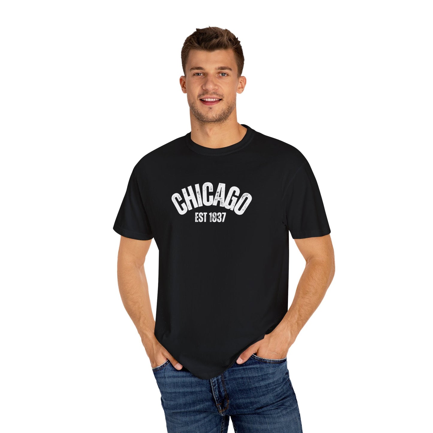 CHICAGO Funky Illustration of the Chicago Skyline on Back Grunge Chicago Logo on Front | Comfort Colors | Unisex Garment-Dyed T-shirt